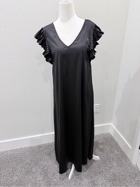 Black V-Neck Ruffle Sleeve Maxi Dress satin